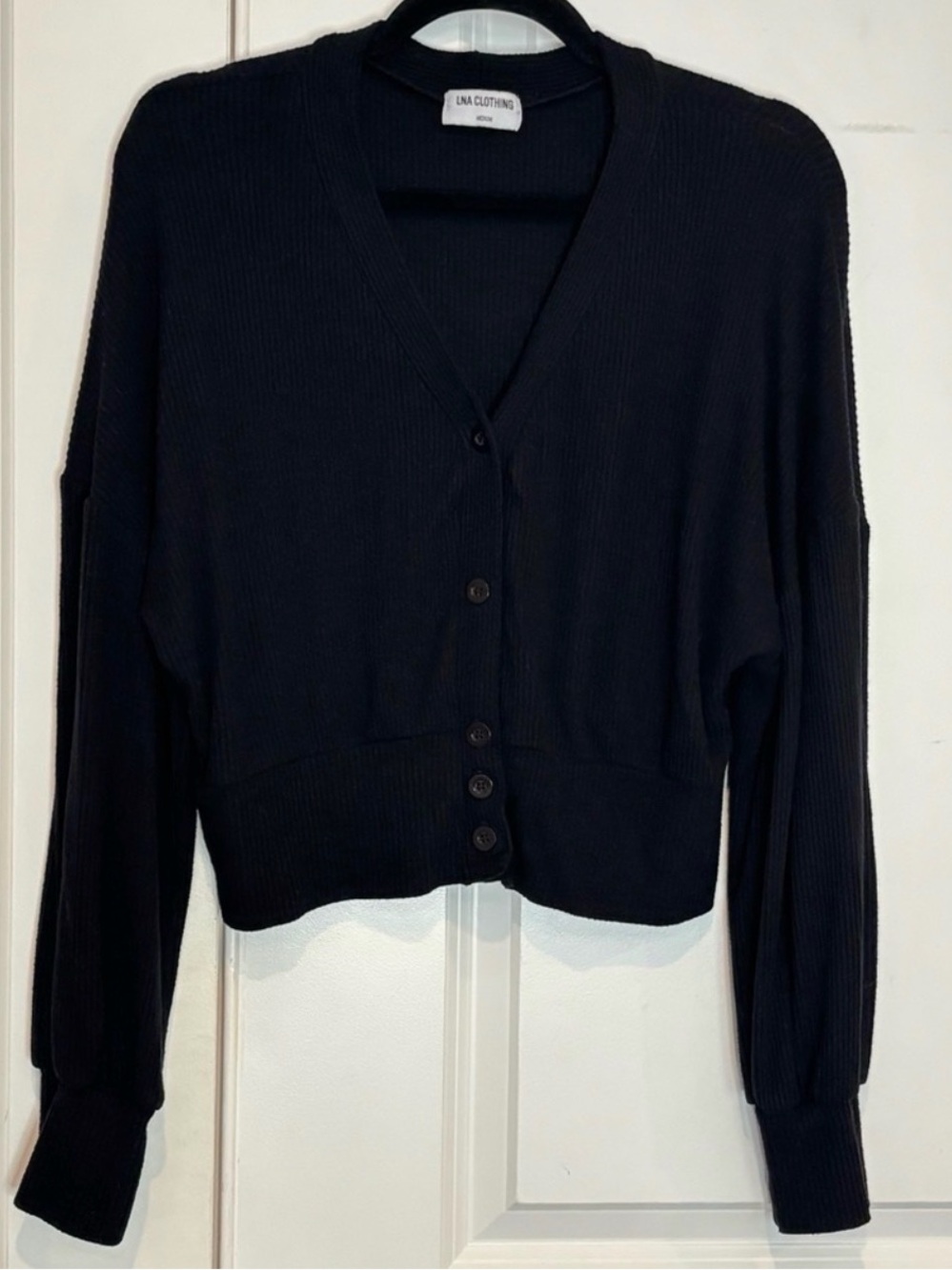 LNA Black V-Neck Button Cardigan Sweater balloon sleeves-so soft-large